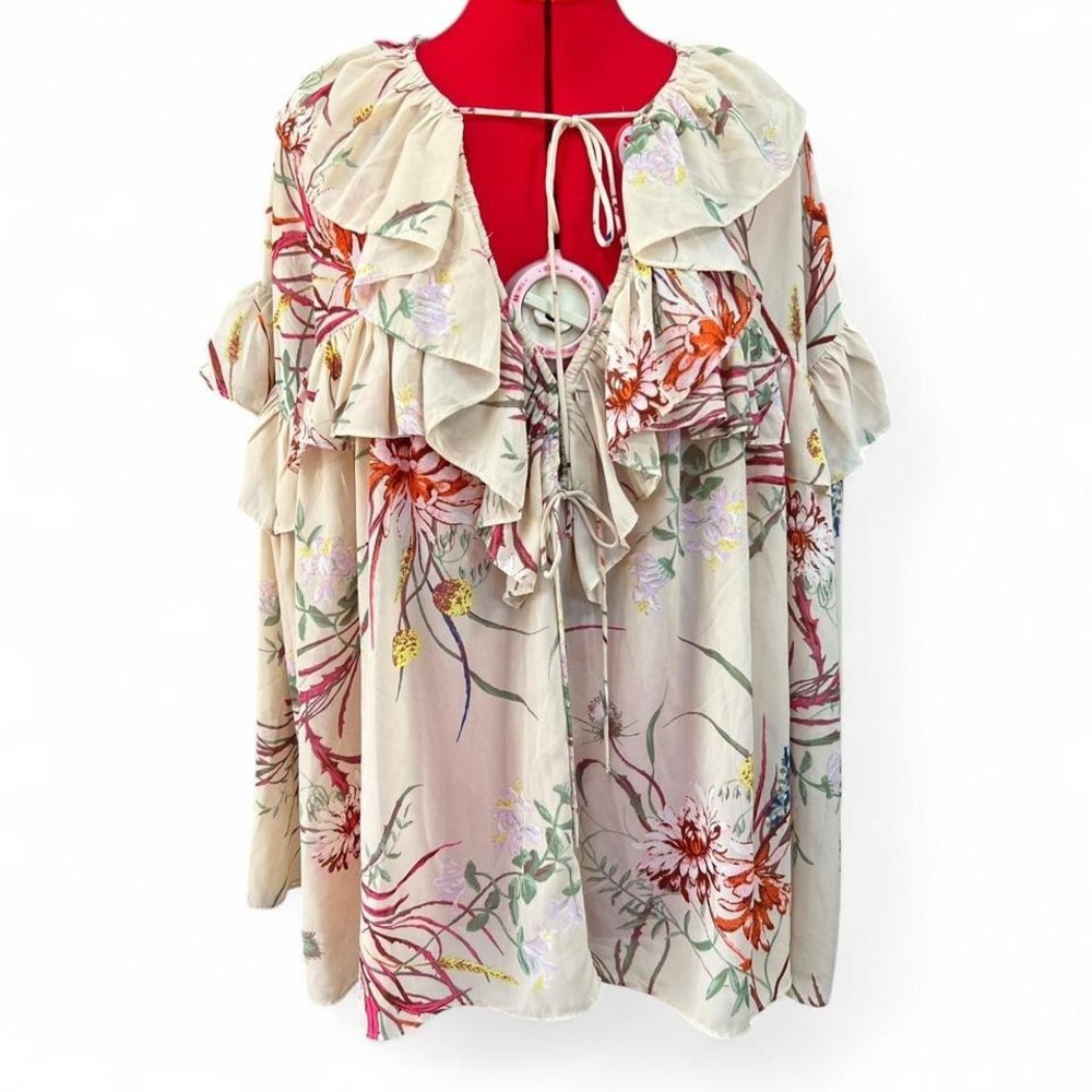 H&M Beige Multicolor Floral Print Oversized Ruffle Blouse Deep V Neck Medium